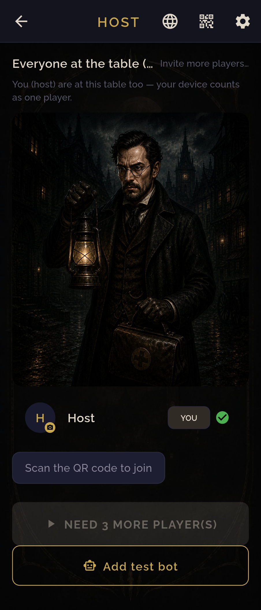 Host screen with QR join and doctor art